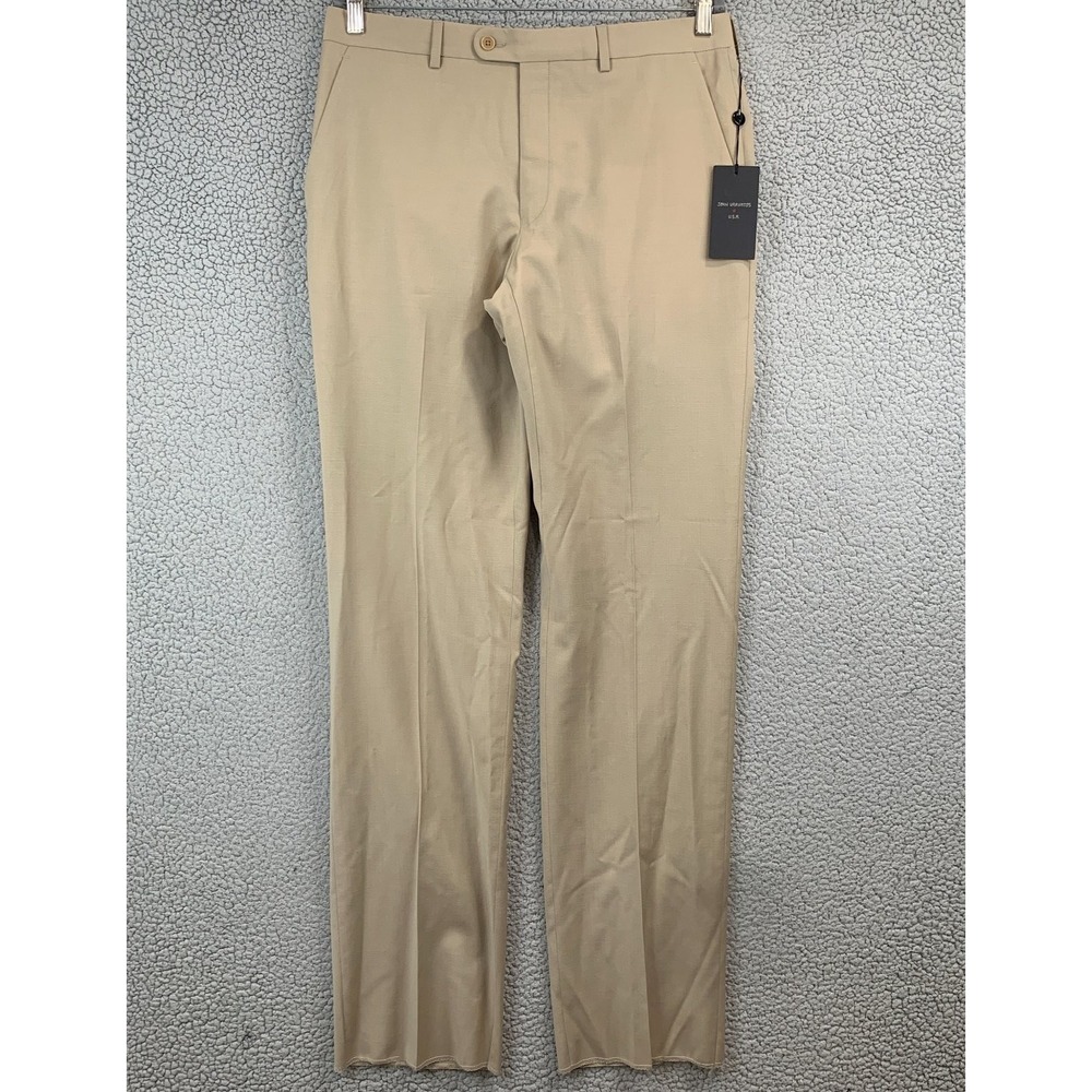 John Varvatos Pants Men's Tan 34W Wool Lycra Flat Front Unhemmed NWT